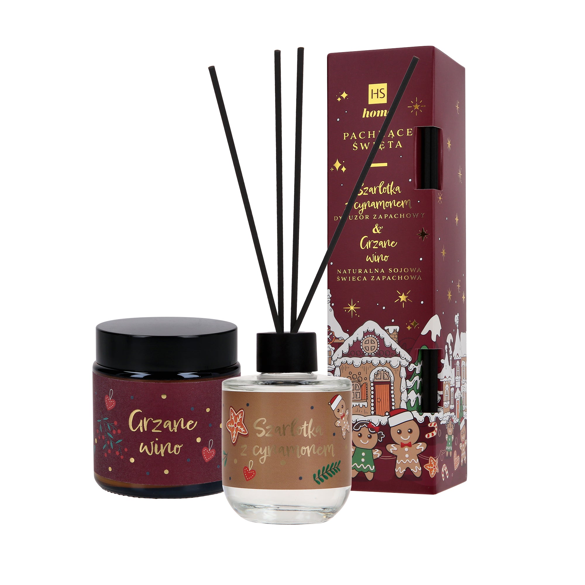 HISKIN HOME SCENTED HOLIDAYS Set of a scented diffuser apple pie with cinnamon 80ml + a natural soy candle mulled wine 100ml