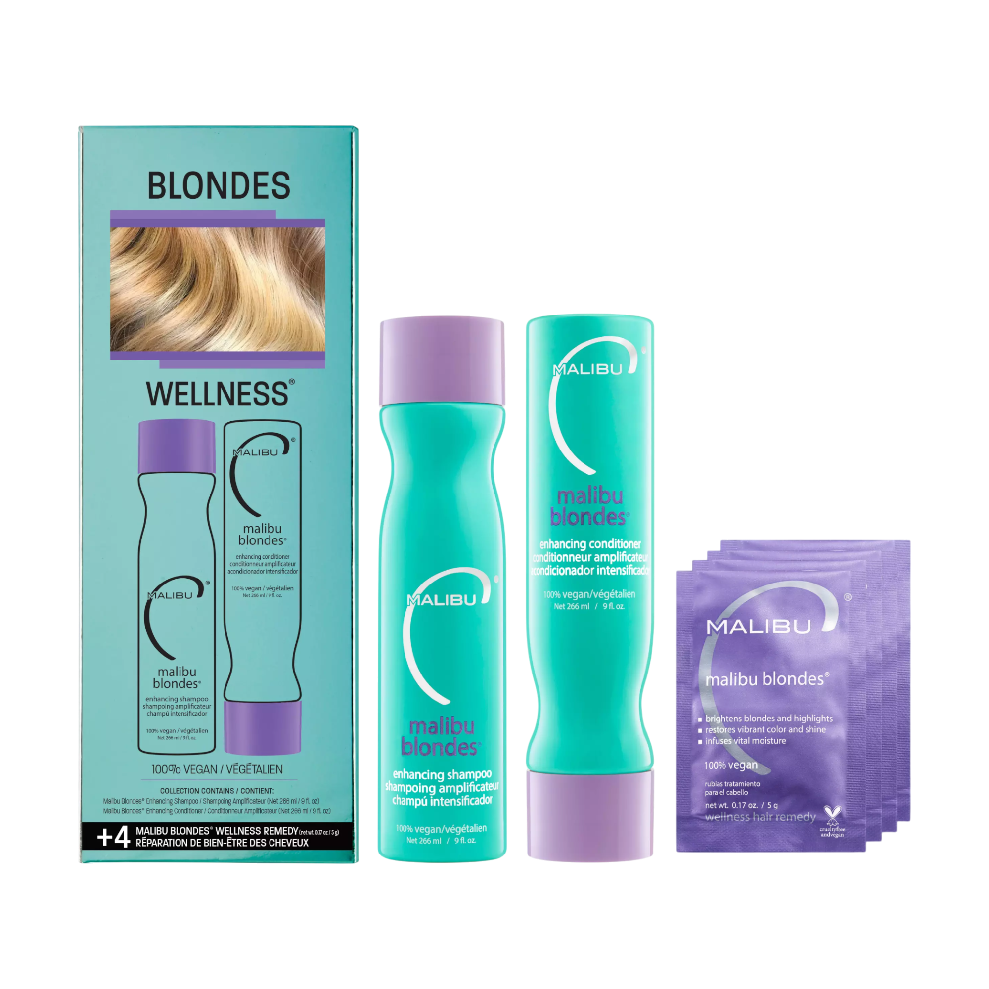 MALIBU C BLONDES WELLNESS COLLECTION Set professionale per capelli biondi con trattamento chelante 2 x 266 ml + 4 x 5 g
