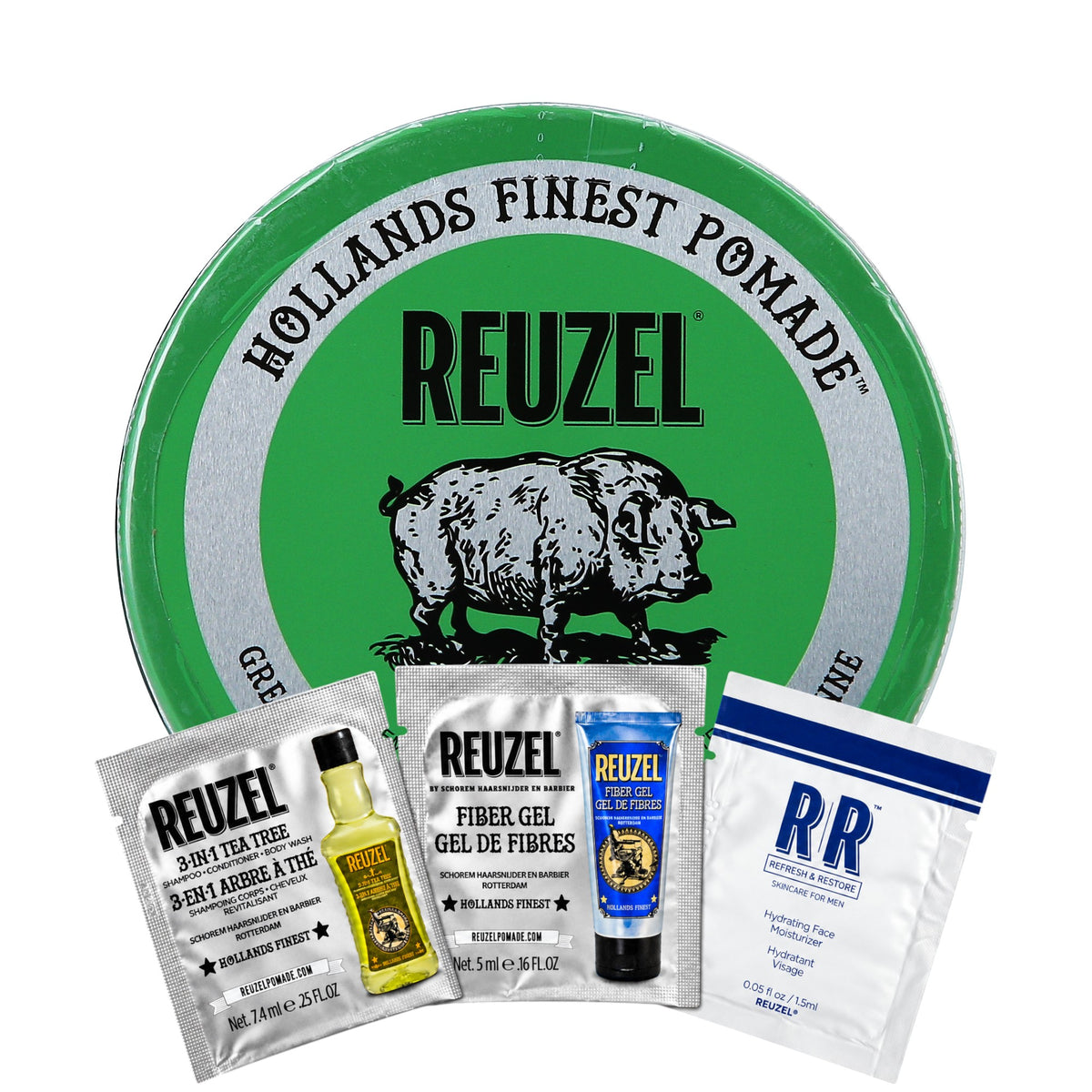 REUZEL GREEN POMADE GREASE MEDIUM HOLD Woskowa pomada do włosów o średnim utrwaleniu 95 g + 3 saszetki
