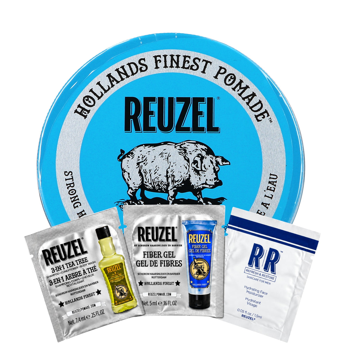 REUZEL BLUE STRONG HOLD WATER SOLUBLE Wodna pomada do włosów o mocnym utrwaleniu 95 g + 3 saszetki