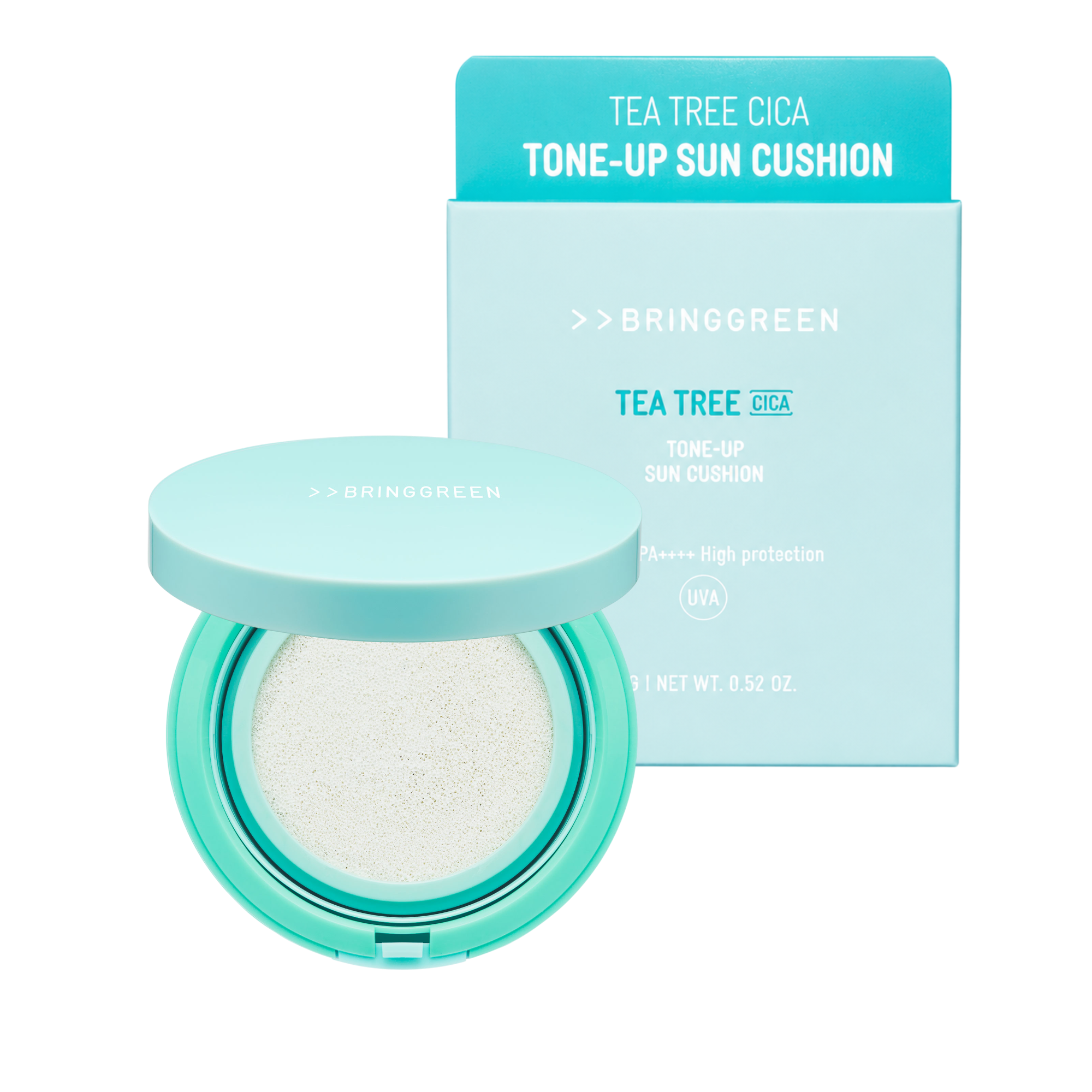 BRINGGREEN Tea Tree Cica Tone-up Sun Cushion SPF50+ PA++++ – Cuscino solare minerale con effetto tonificante 15 g