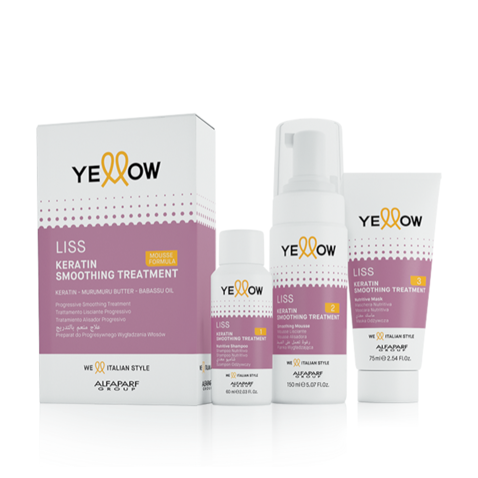 YELLOW PROFESSIONAL LISS KERATIN SMOOTHING SET Set professionale lisciante per capelli 60 ml+150 ml+75 ml