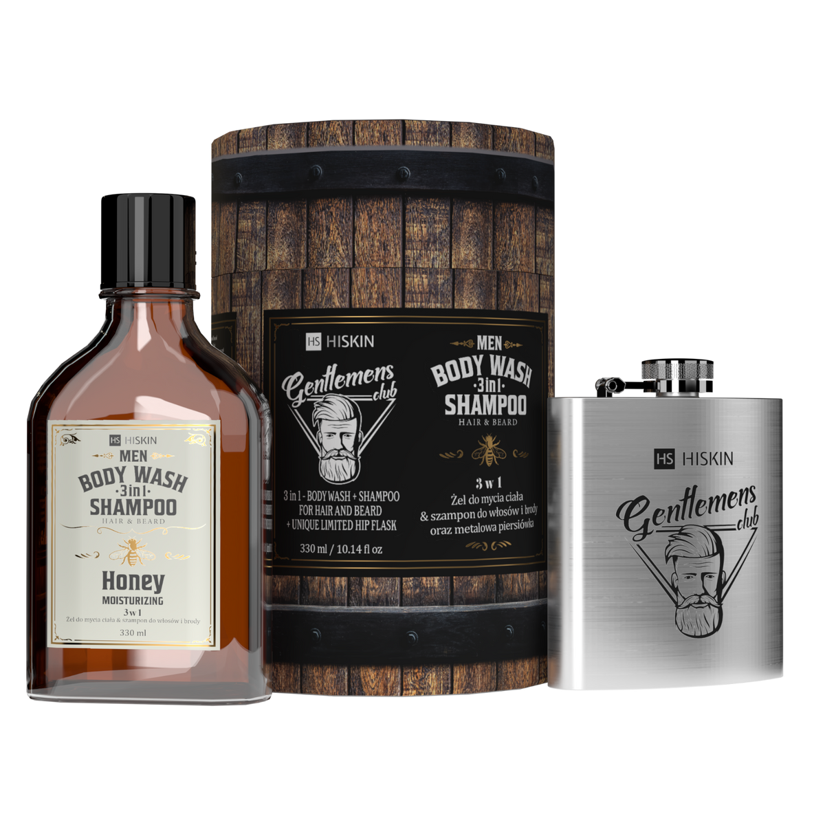 HISKIN MEN Set da uomo, gel doccia Whisky + fiaschetta in confezione a forma di botte (Flask Barrel Set)