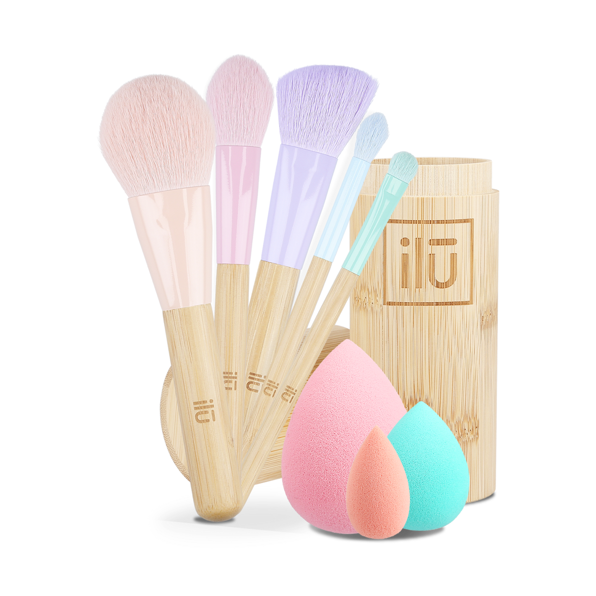 ilū BAMBOOM! Set – 5 pennelli per il trucco in un tubo di bambù + 3 spugne per il trucco