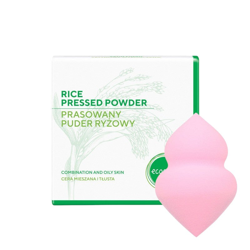 ECOCERA Polvere di riso pressata per pelli grasse e miste 10 g + MIMO Spugnetta trucco con due estremità, Rosa chiaro