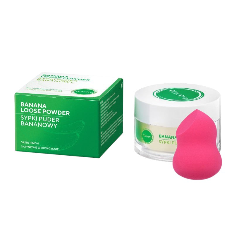 ECOCERA Polvere di banana sciolta per pelli secche e sensibili 8 g + Spugna per trucco MIMO, taglio a pera, rosa