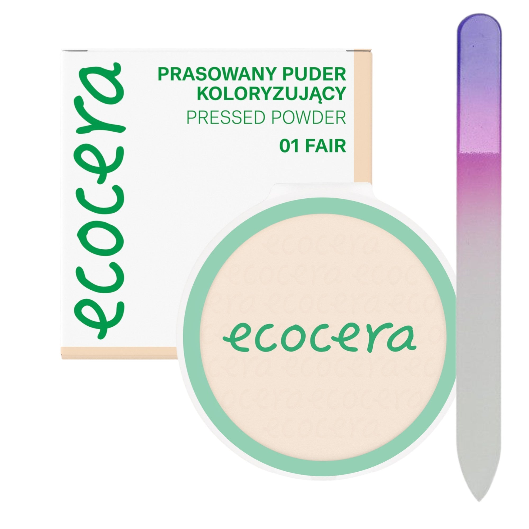 ECOCERA PRESSED POWDER Cipria pressata, Fair 10 g + Lima per unghie in vetro MIMO, stampa Rainbow