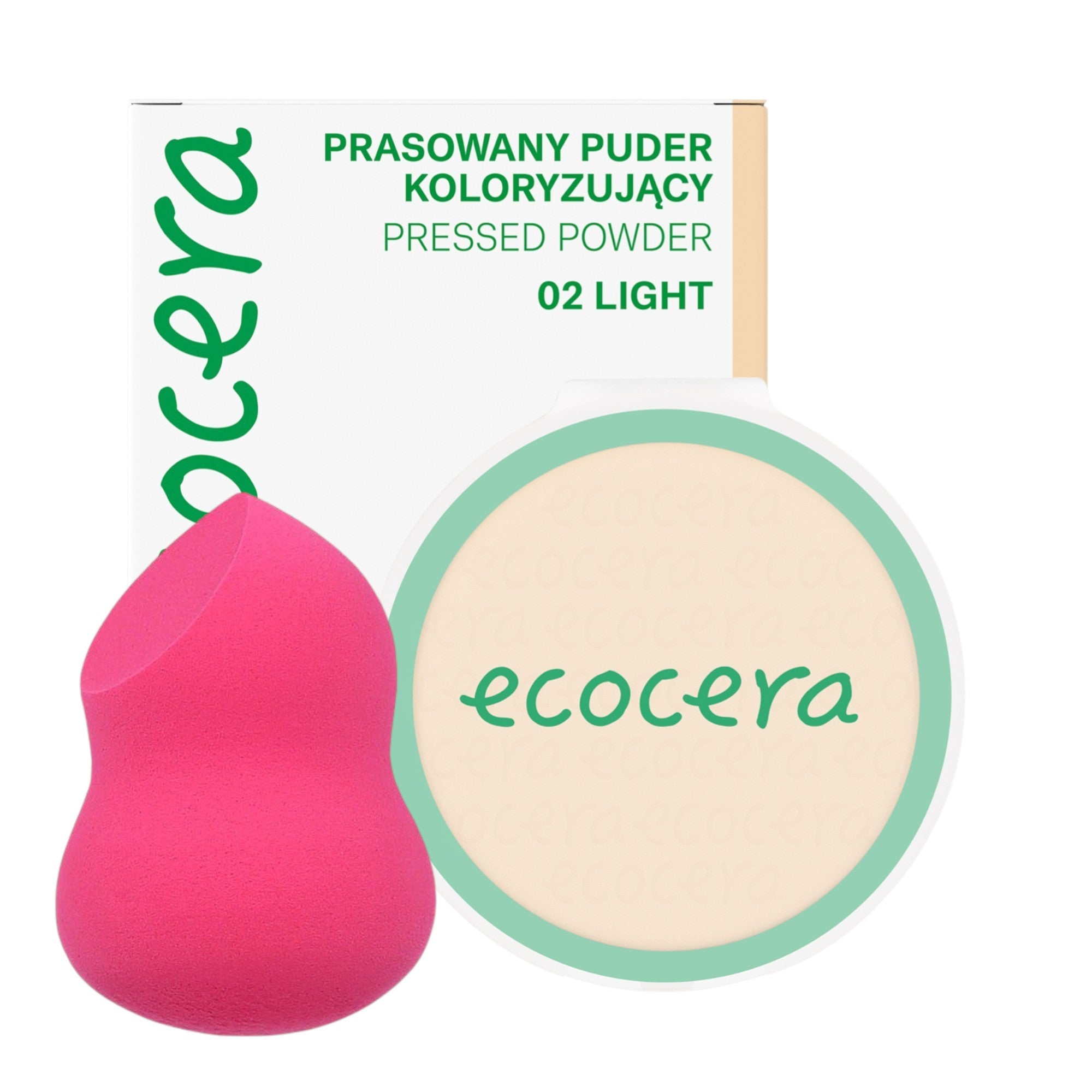 ECOCERA PRESSED POWDER Cipria compatta, Light 10 g + Spugnetta trucco MIMO, Taglio pera, Rosa