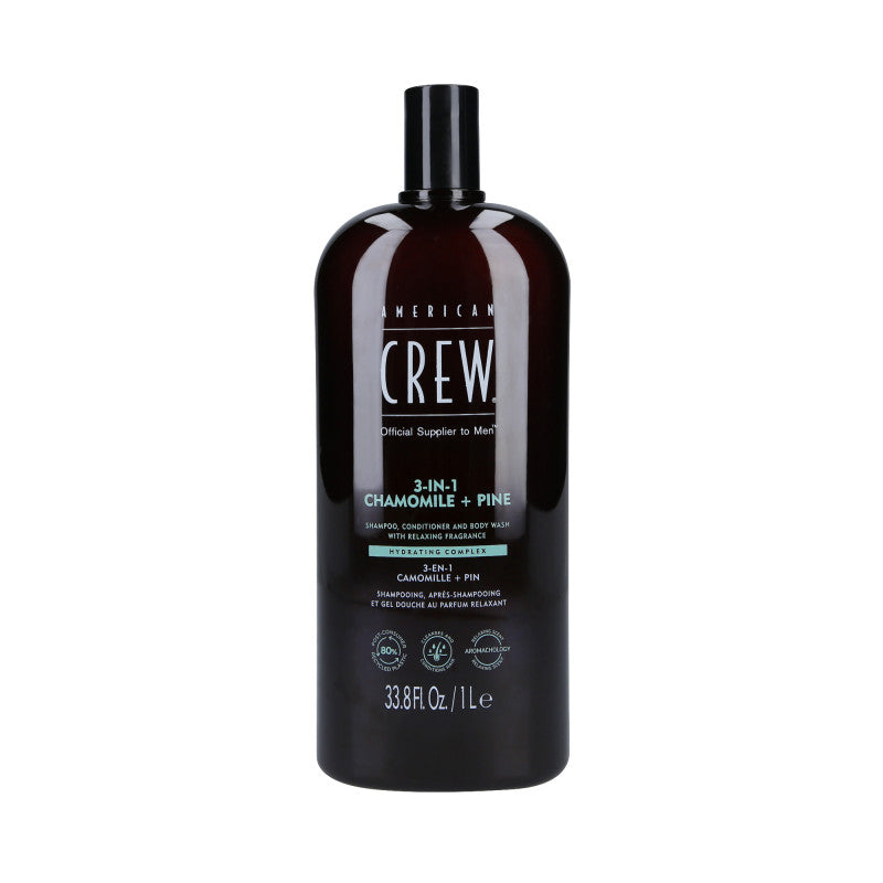 AMERICAN CREW 3-IN-1 CHAMOMILE&PINE Shampoo, balsamo e gel doccia, Tre in uno al profumo di camomilla e pino 1000ml