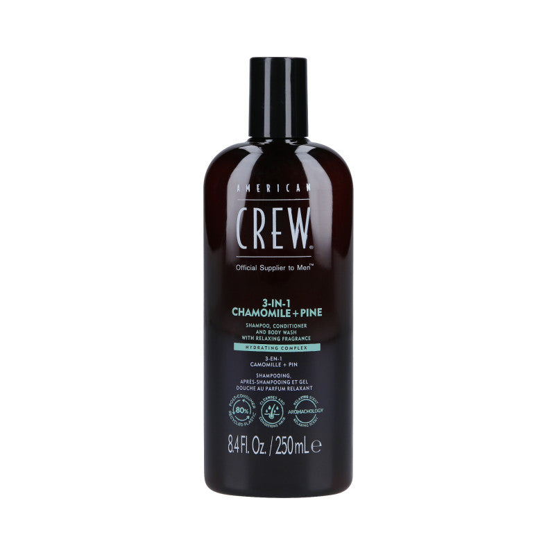 AMERICAN CREW 3-IN-1 CHAMOMILE&PINE Shampoo, balsamo e gel doccia, Tre in uno al profumo di camomilla e pino 250ml