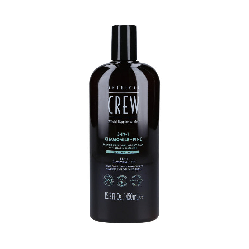 AMERICAN CREW 3-IN-1 CHAMOMILE&PINE Shampoo, balsamo e gel doccia, Tre in uno al profumo di camomilla e pino 450ml