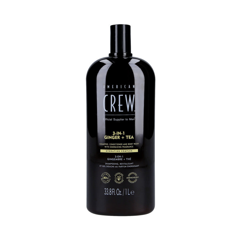 AMERICAN CREW 3-IN-1 GINGER&TEA Shampoo, balsamo e gel doccia, Tre in uno al profumo di zenzero e tè 1000ml