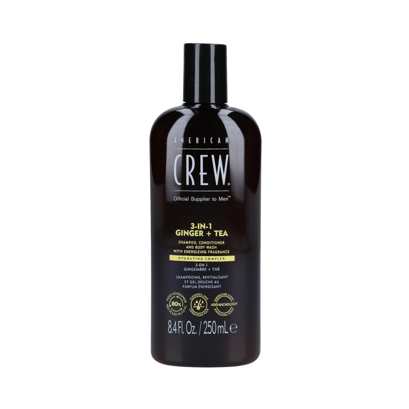 AMERICAN CREW 3-IN-1 GINGER&TEA Shampoo, balsamo e gel doccia, Tre in uno al profumo di zenzero e tè 250ml