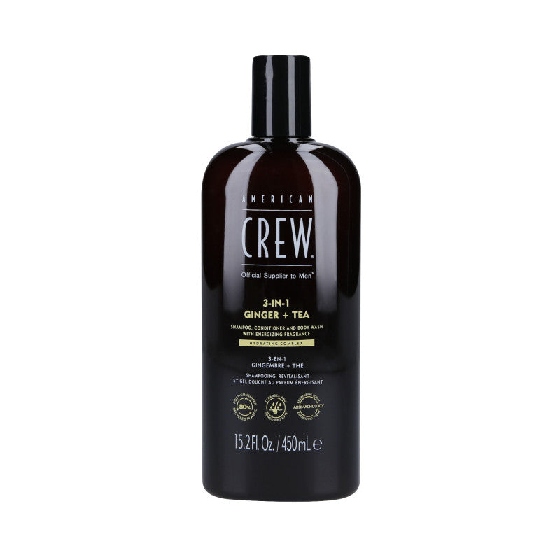 AMERICAN CREW 3-IN-1 GINGER&TEA Shampoo, balsamo e gel doccia, Tre in uno al profumo di zenzero e tè 450ml