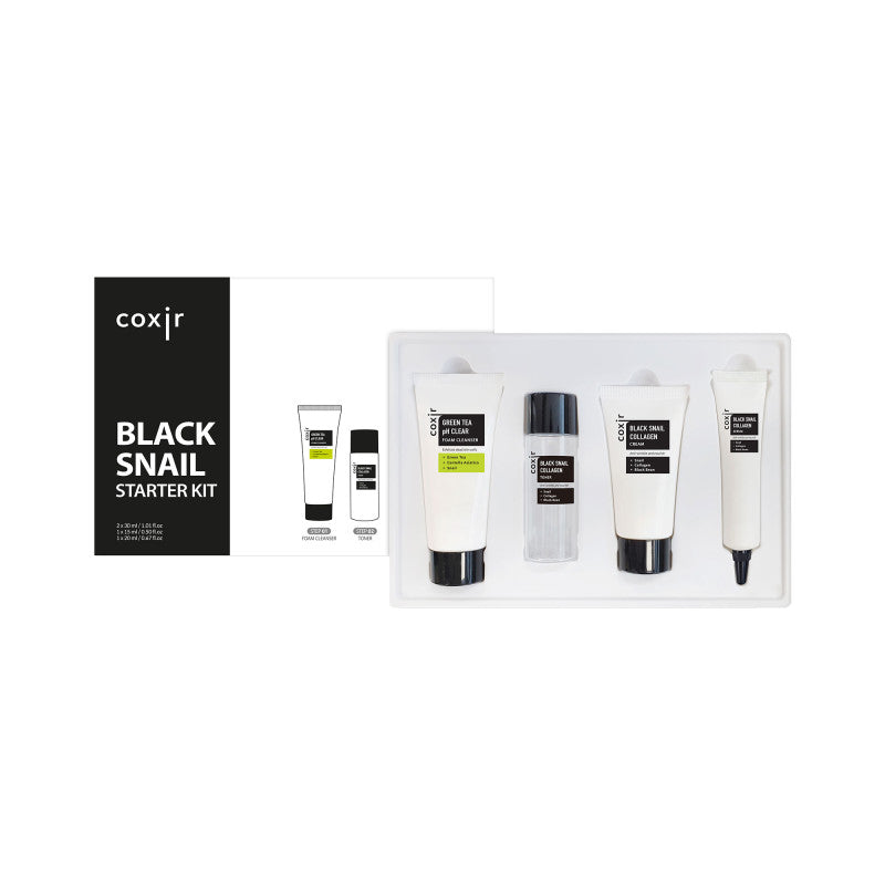 COXIR BLACK SNAIL COLLAGEN LINE Set rigenerante con bava di lumaca e collagene, 30ml + 30ml + 20ml + 15ml