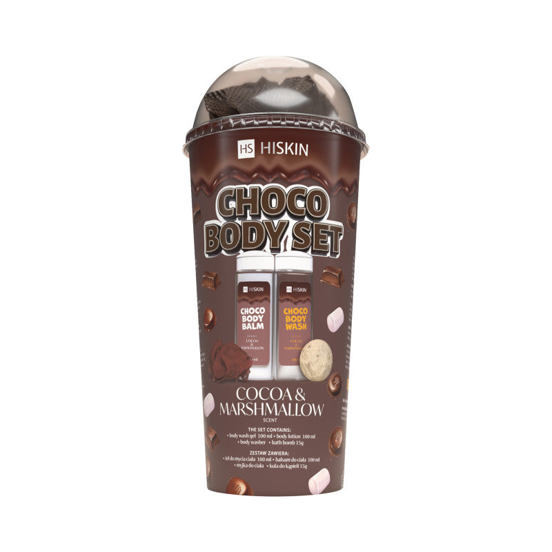 HISKIN BODY CHOCO SET Set da bagno in tubo gel detergente corpo 100 ml + lozione corpo 100 ml + salvietta + palla 15 g