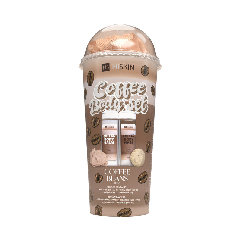 HISKIN BODY COFFEE SET Set da bagno in tubo gel detergente corpo 100 ml + lozione corpo 100 ml + salvietta + palla 15 g