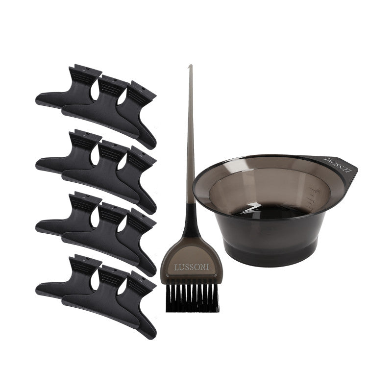 LUSSONI Set Ciotola per tintura 250ml + pennello TB 011  + set di pinze 12pt.