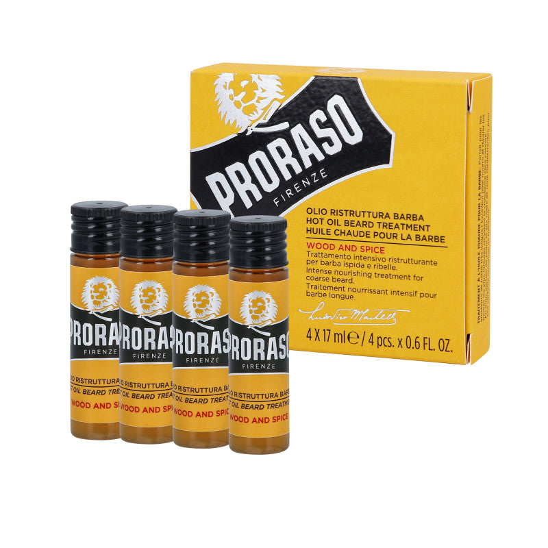 PRORASO WOOD&SPICE HOT OIL BEARD TREATMENT Olio riscaldante per la cura della barba 4x17ml